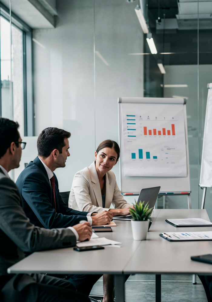 Businesswoman presenting bar chart data to two male colleagues in a conference room, pointing at a flip chart with graphs