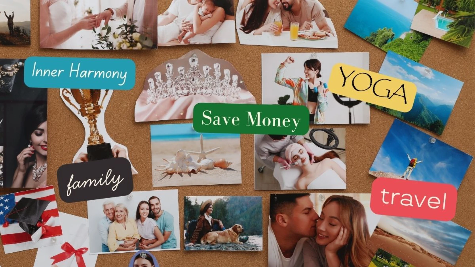 Collage-style vision board featuring photos of family, travel, relaxation, wellness, and self-care, with labels such as Inner Harmony, Save Money, Family, Yoga, and Travel